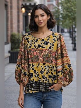BLANK LONDON /Mixed-Print Floral Patchwork Top - Mustard / Coral - Sz S